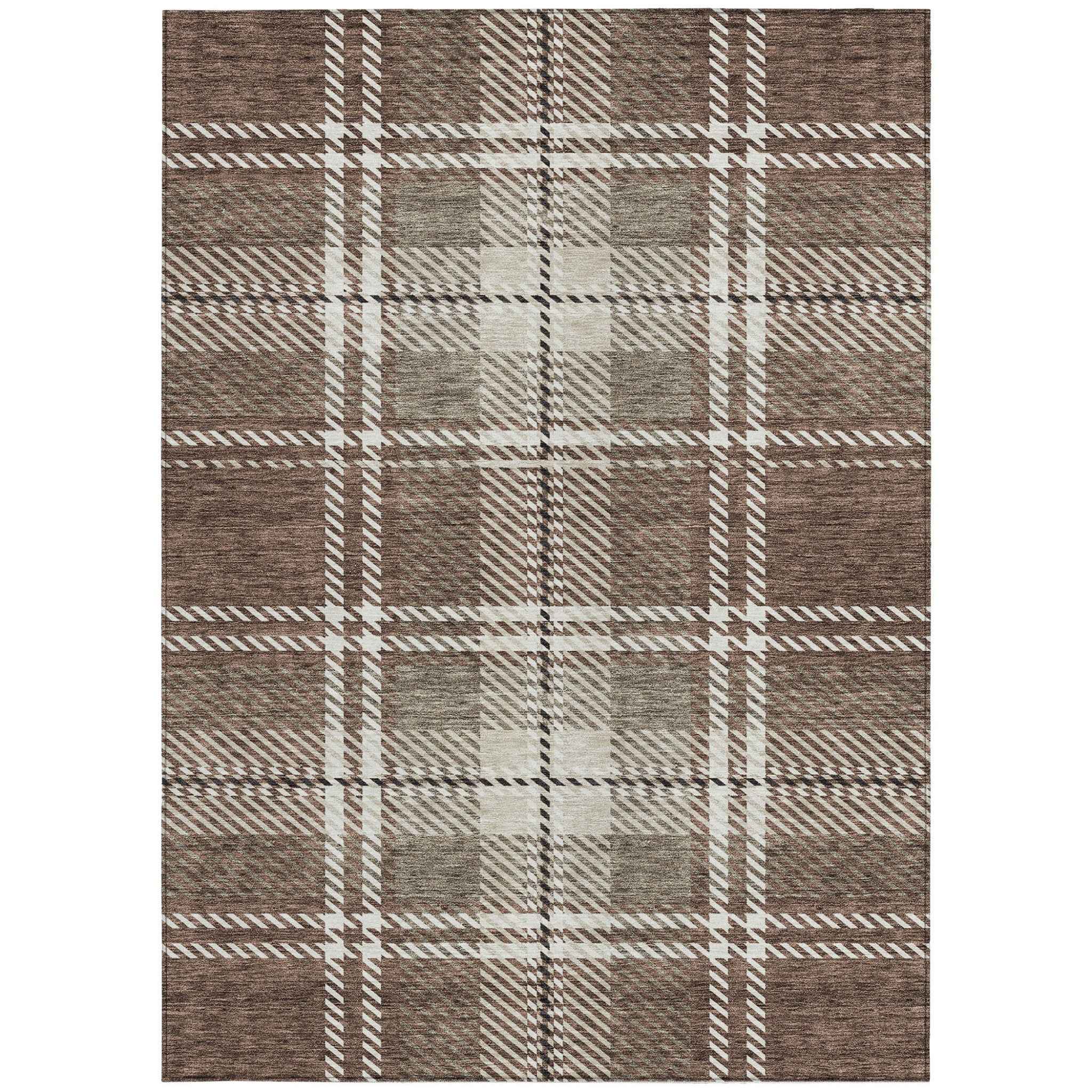 5' X 8' Brown Black And Ivory Plaid Washable Indoor Outdoor Area Rug