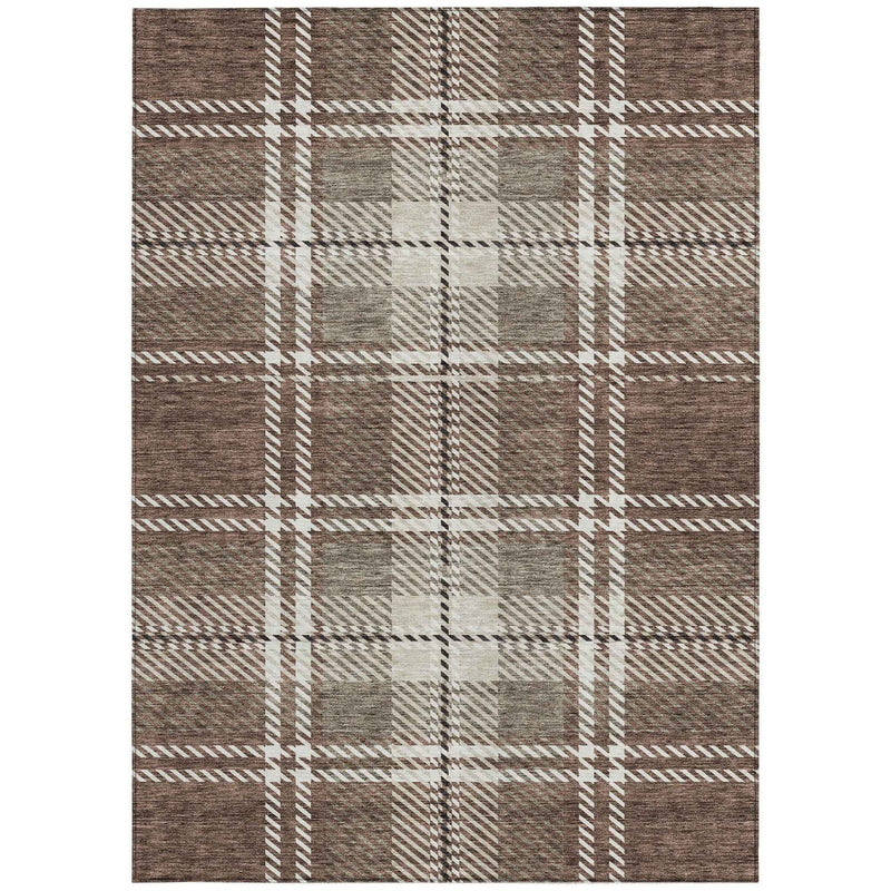 5' X 8' Brown Black And Ivory Plaid Washable Indoor Outdoor Area Rug