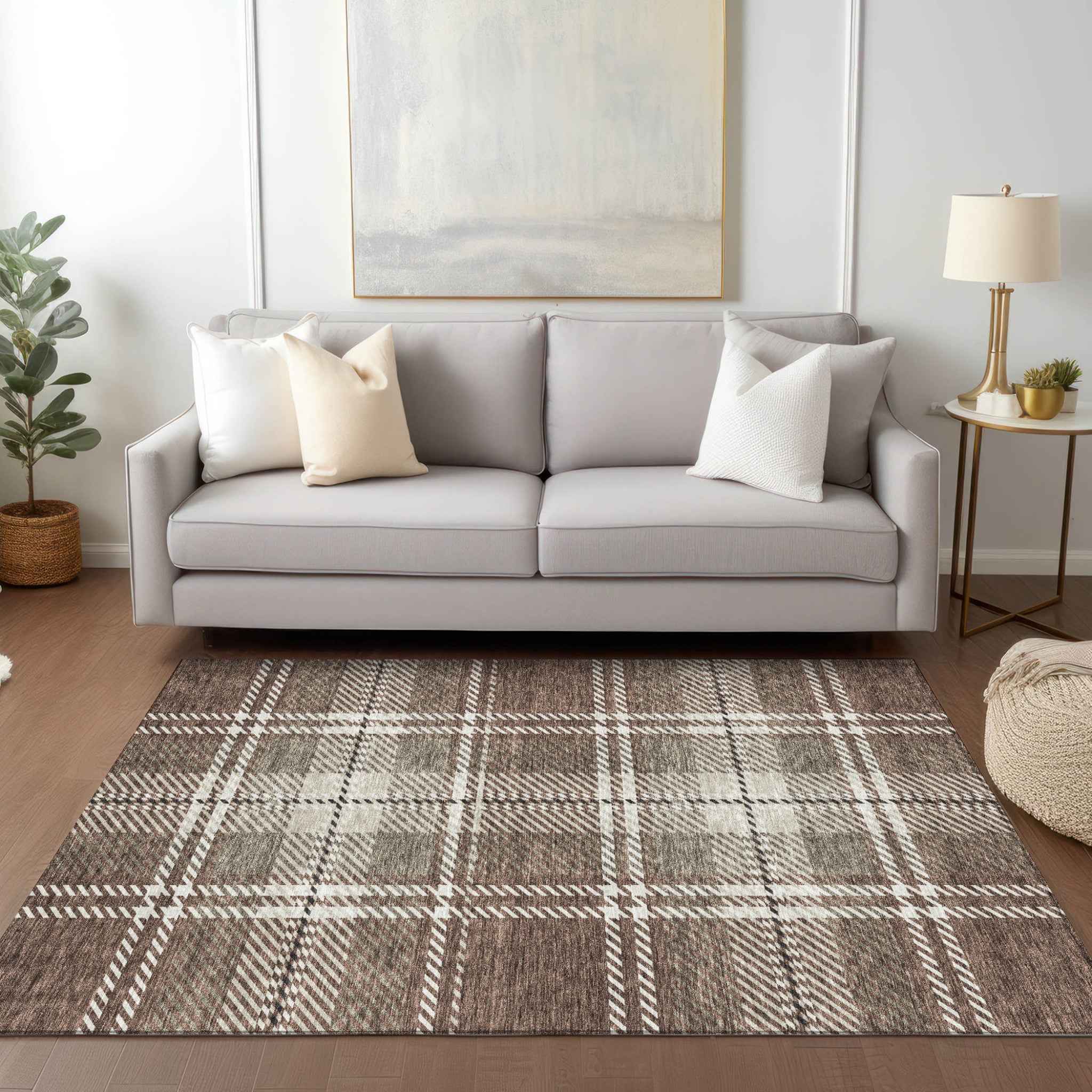 5' X 8' Brown Black And Ivory Plaid Washable Indoor Outdoor Area Rug