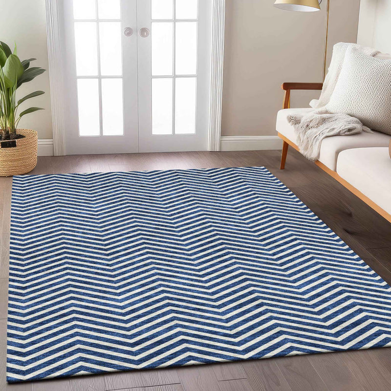 10' X 14' Blue And Ivory Chevron Washable Indoor Outdoor Area Rug