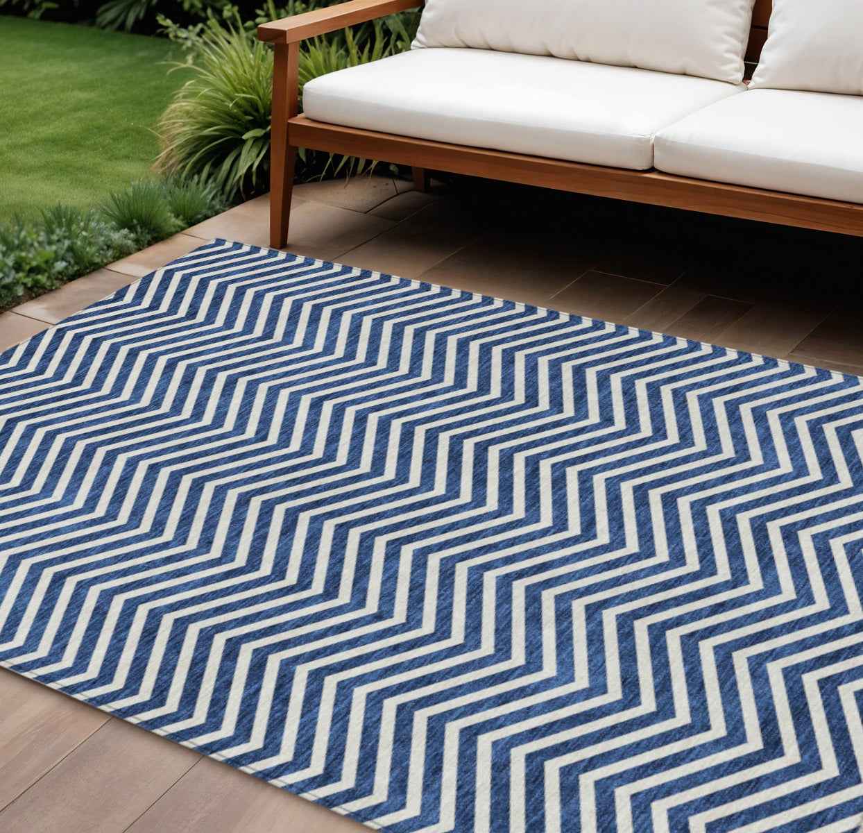 10' X 14' Blue And Ivory Chevron Washable Indoor Outdoor Area Rug