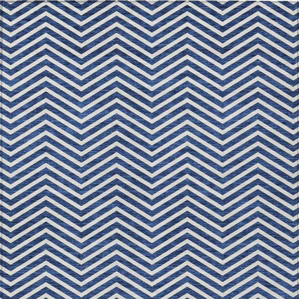 10' X 14' Blue And Ivory Chevron Washable Indoor Outdoor Area Rug