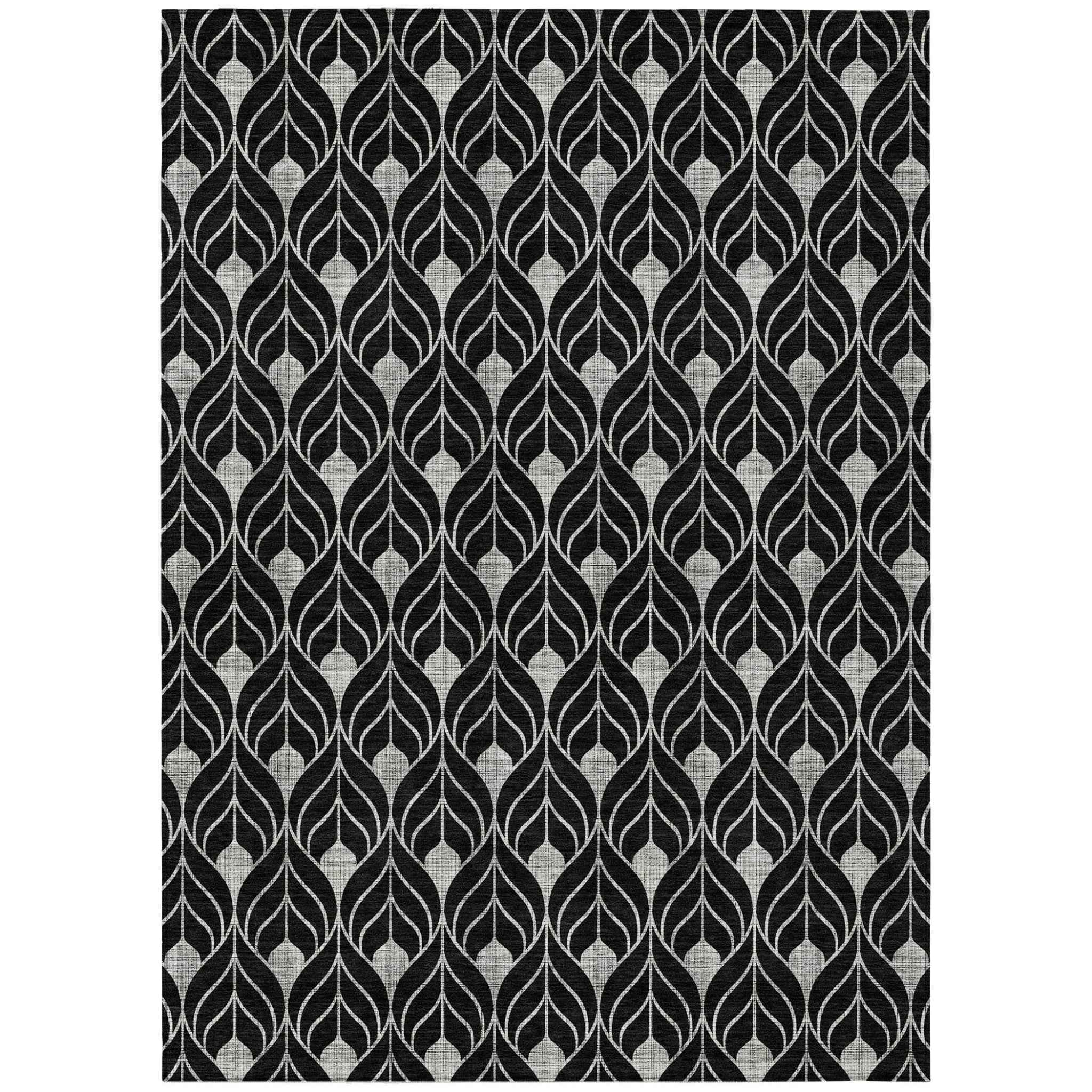 8' X 10' Black And Ivory Geometric Washable Indoor Outdoor Area Rug