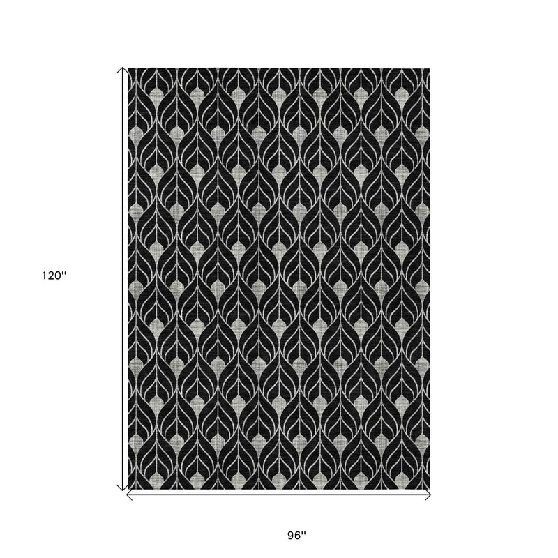 8' X 10' Black And Ivory Geometric Washable Indoor Outdoor Area Rug
