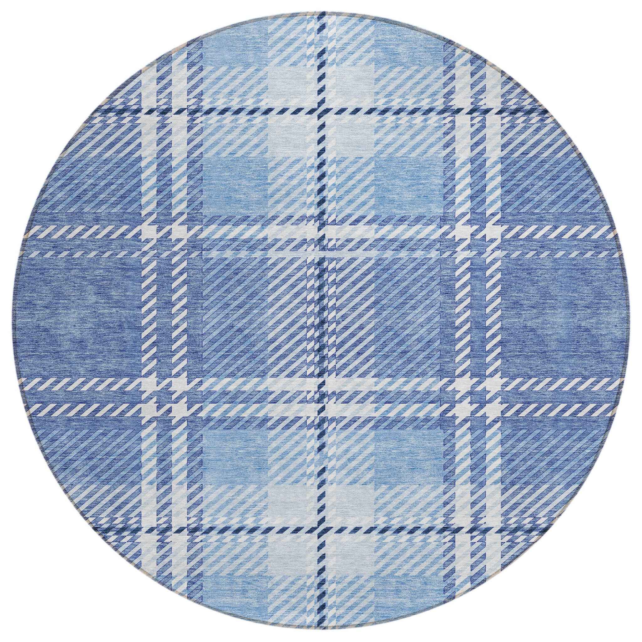 8' Denim Blue And Ivory Round Plaid Washable Indoor Outdoor Area Rug
