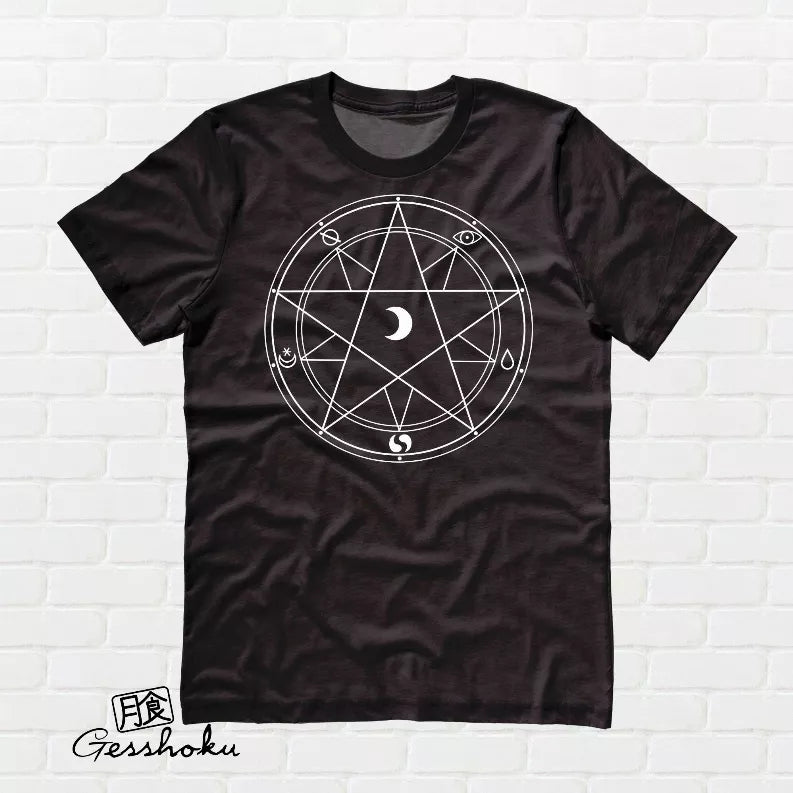 Black unisex T-shirt with white circular sigil graphic and crew neckline