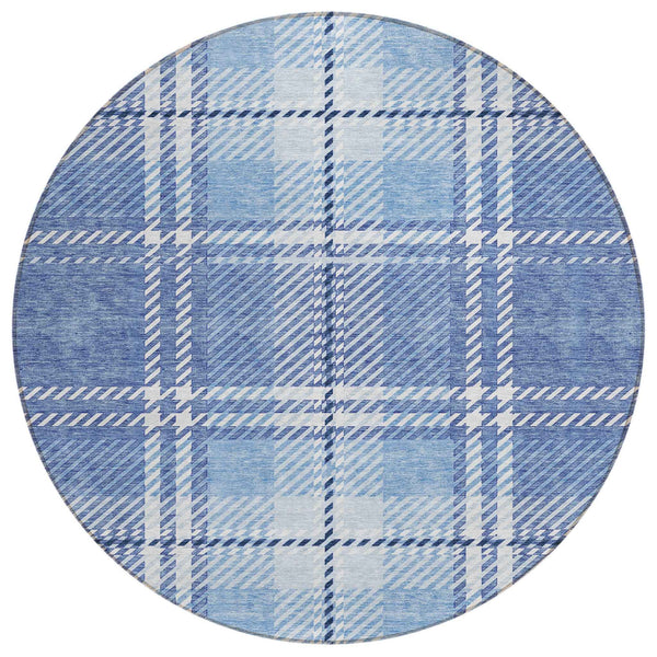 8' Denim Blue And Ivory Round Plaid Washable Indoor Outdoor Area Rug