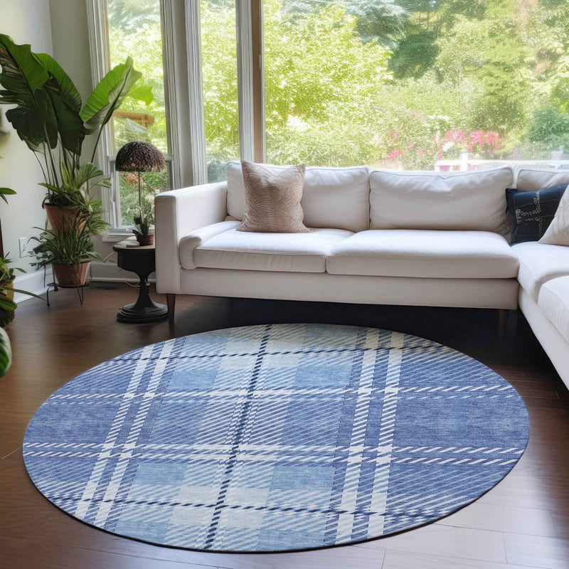 8' Denim Blue And Ivory Round Plaid Washable Indoor Outdoor Area Rug