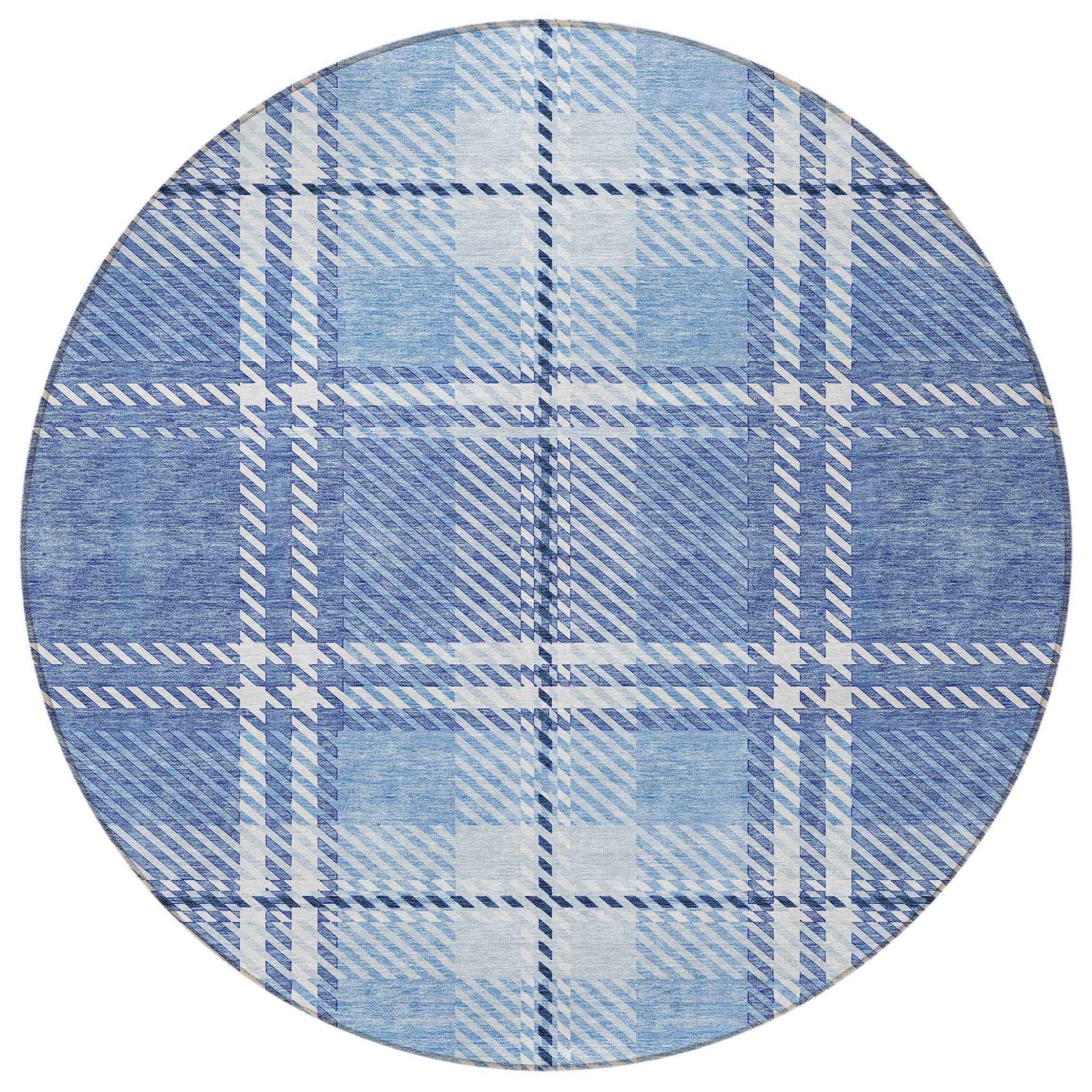 8' Denim Blue And Ivory Round Plaid Washable Indoor Outdoor Area Rug