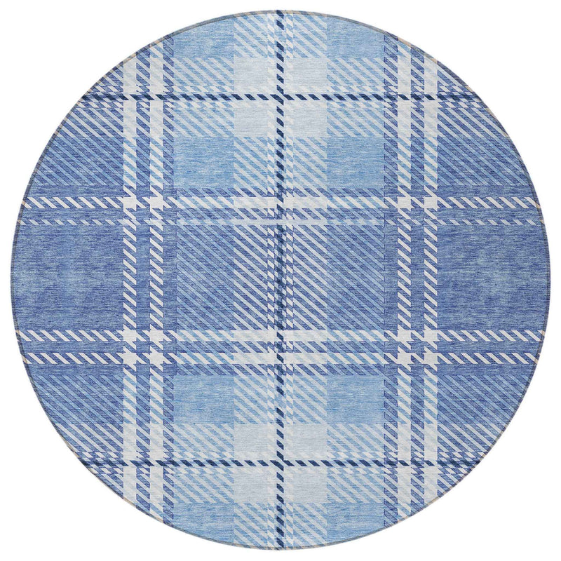 8' Denim Blue And Ivory Round Plaid Washable Indoor Outdoor Area Rug