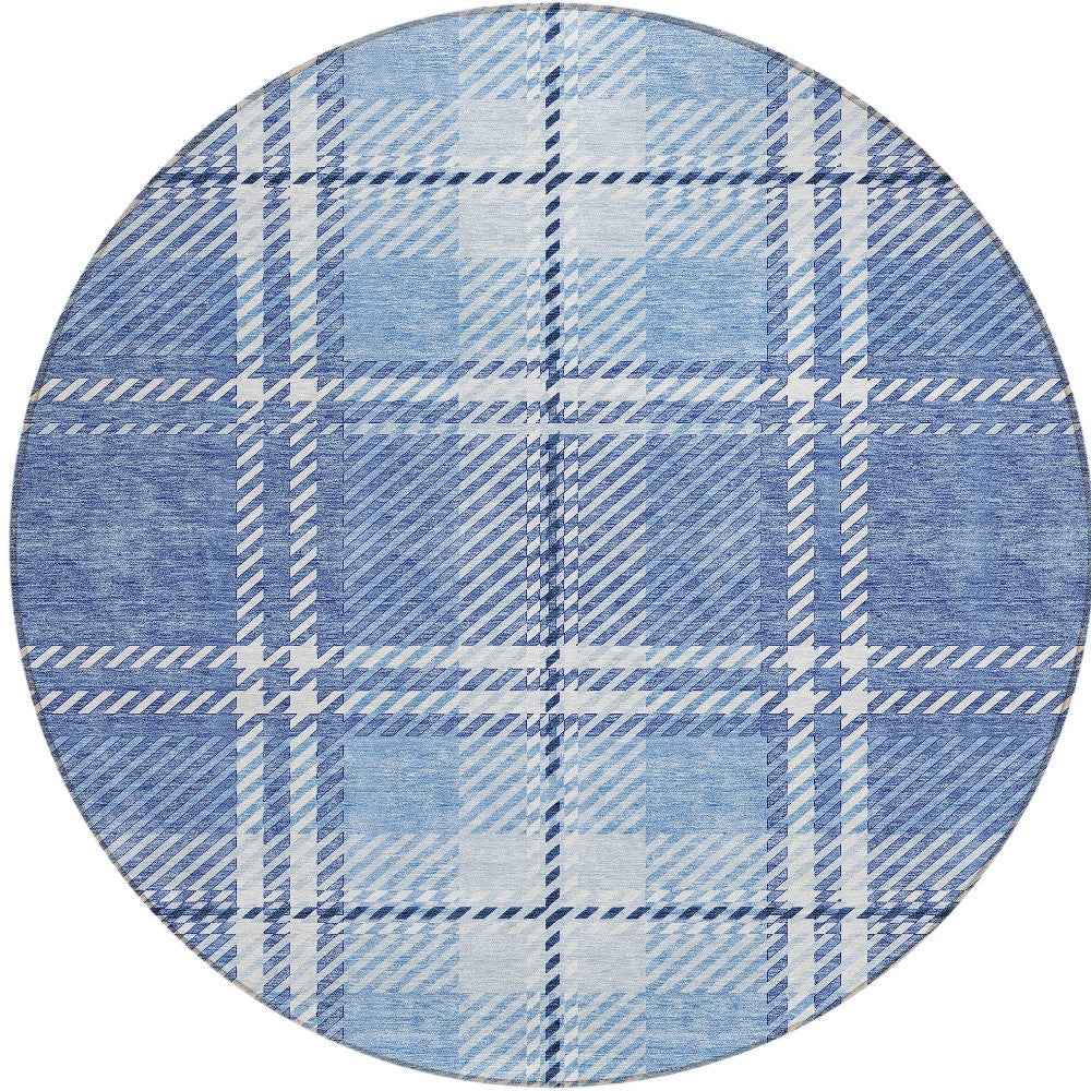 8' Denim Blue And Ivory Round Plaid Washable Indoor Outdoor Area Rug