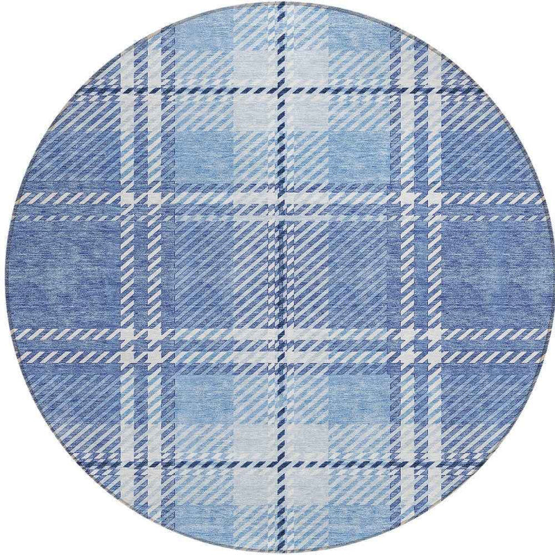 8' Denim Blue And Ivory Round Plaid Washable Indoor Outdoor Area Rug