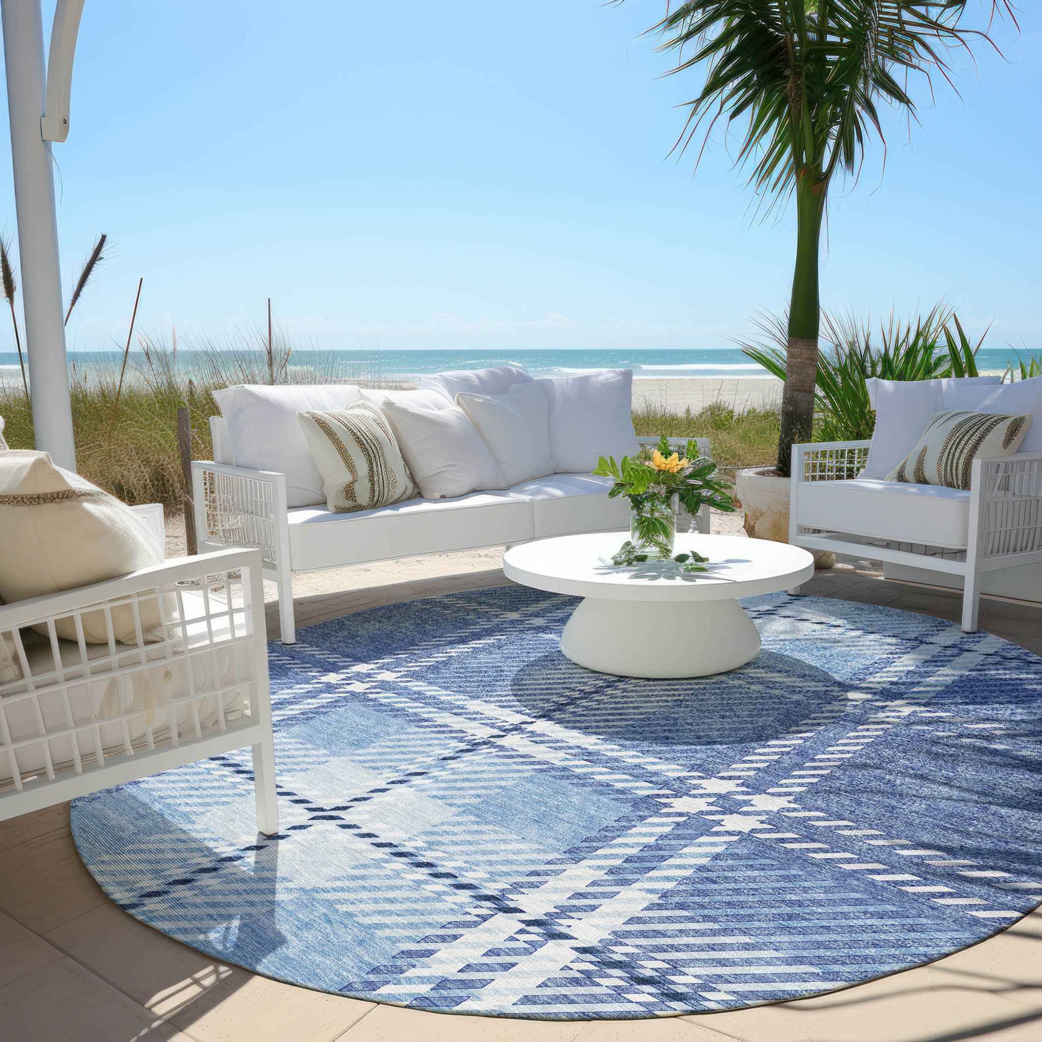 8' Denim Blue And Ivory Round Plaid Washable Indoor Outdoor Area Rug