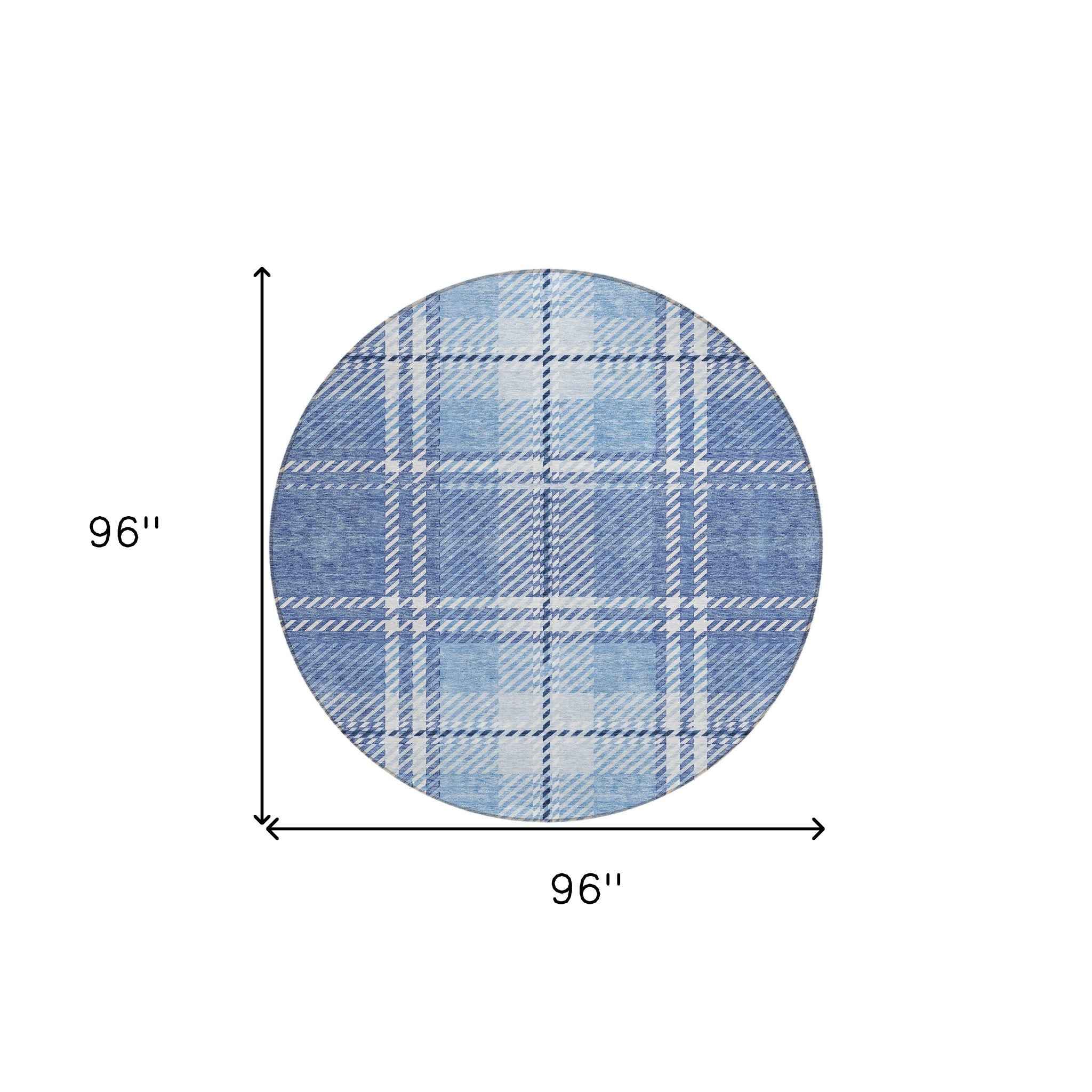 8' Denim Blue And Ivory Round Plaid Washable Indoor Outdoor Area Rug