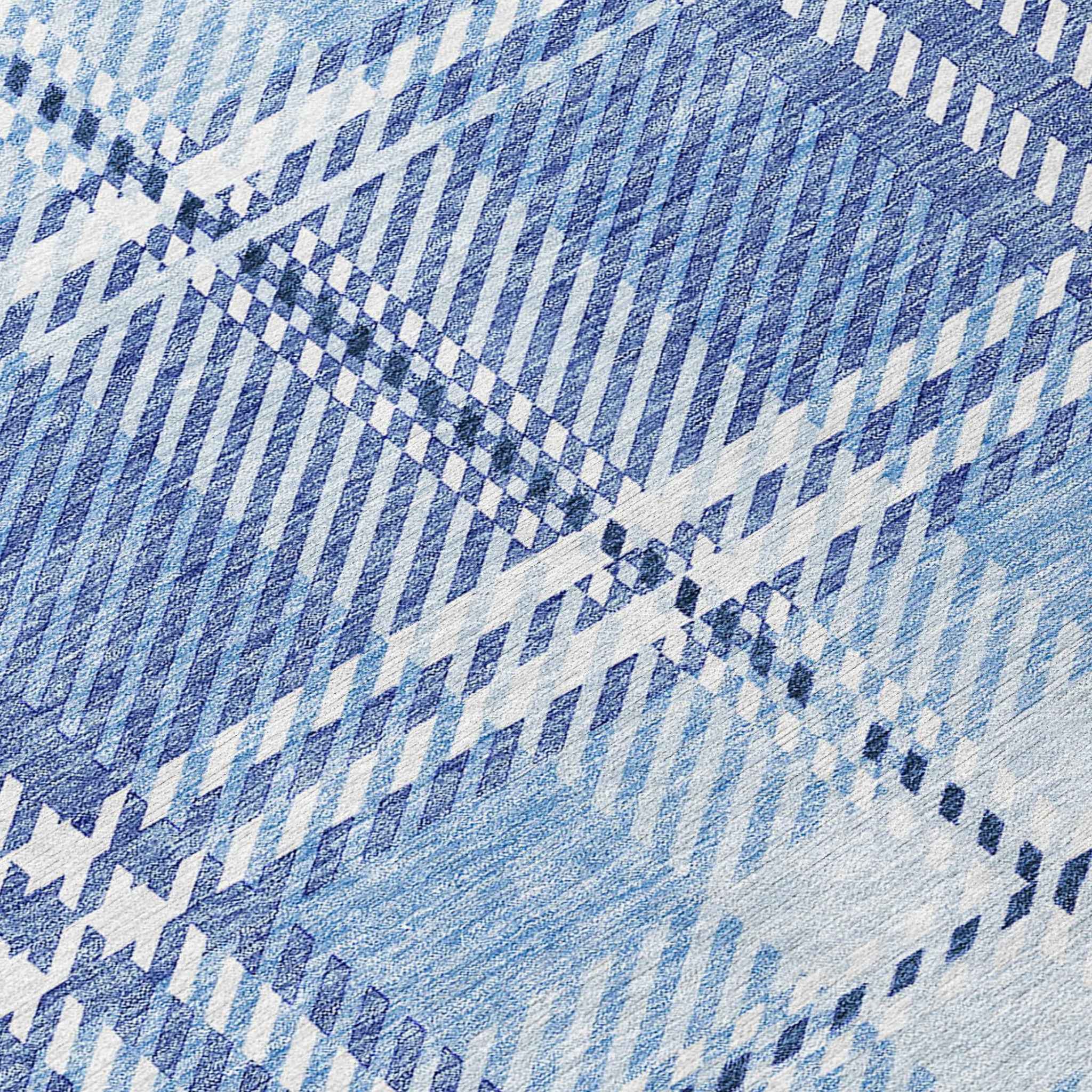 8' Denim Blue And Ivory Round Plaid Washable Indoor Outdoor Area Rug