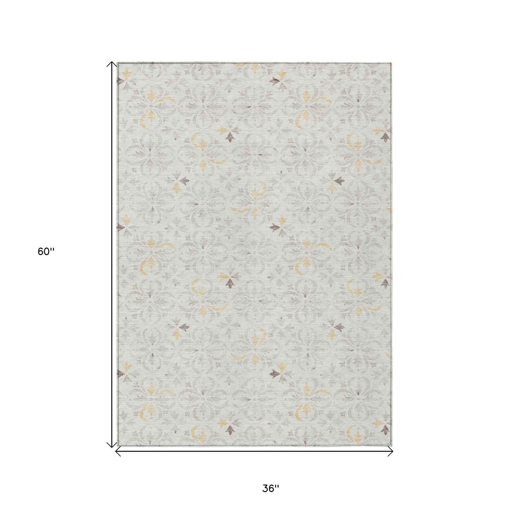 3' X 5' Ivory Gray And Gold Floral Washable Indoor Outdoor Area Rug