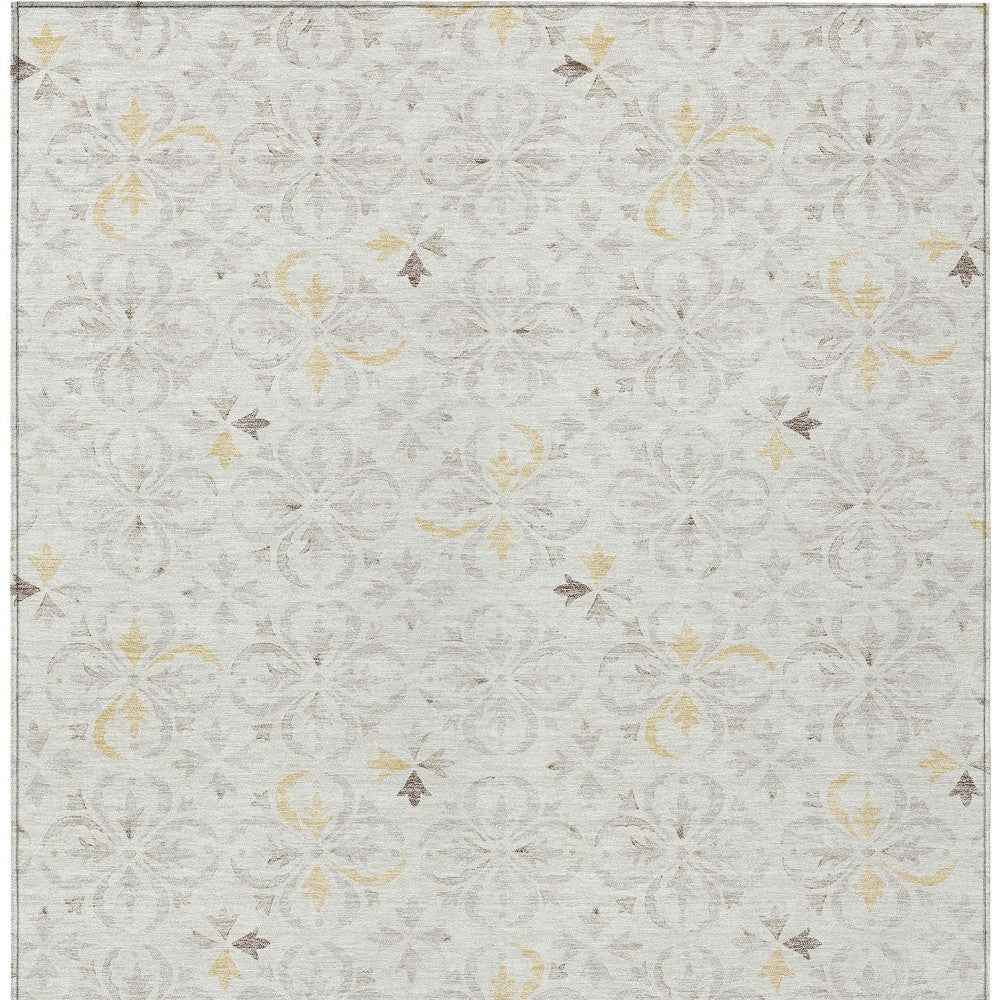 3' X 5' Ivory Gray And Gold Floral Washable Indoor Outdoor Area Rug