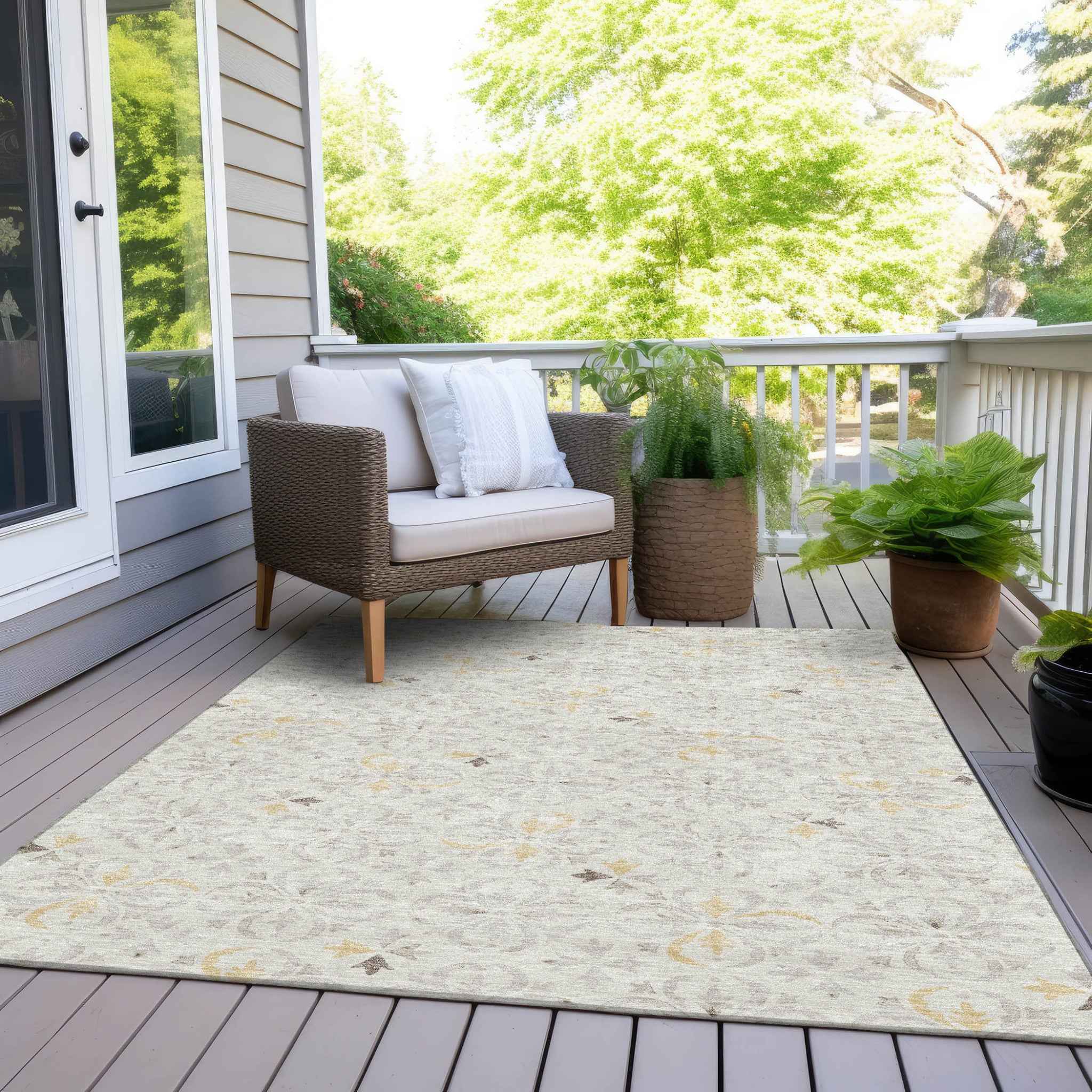 3' X 5' Ivory Gray And Gold Floral Washable Indoor Outdoor Area Rug
