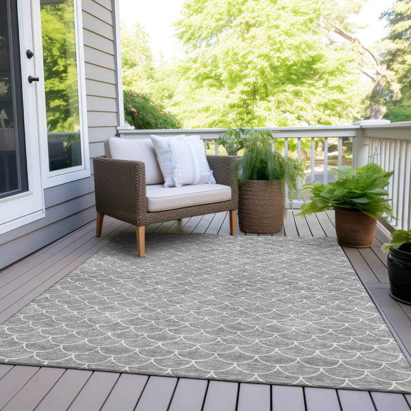 10' X 14' Gray And Ivory Geometric Washable Indoor Outdoor Area Rug