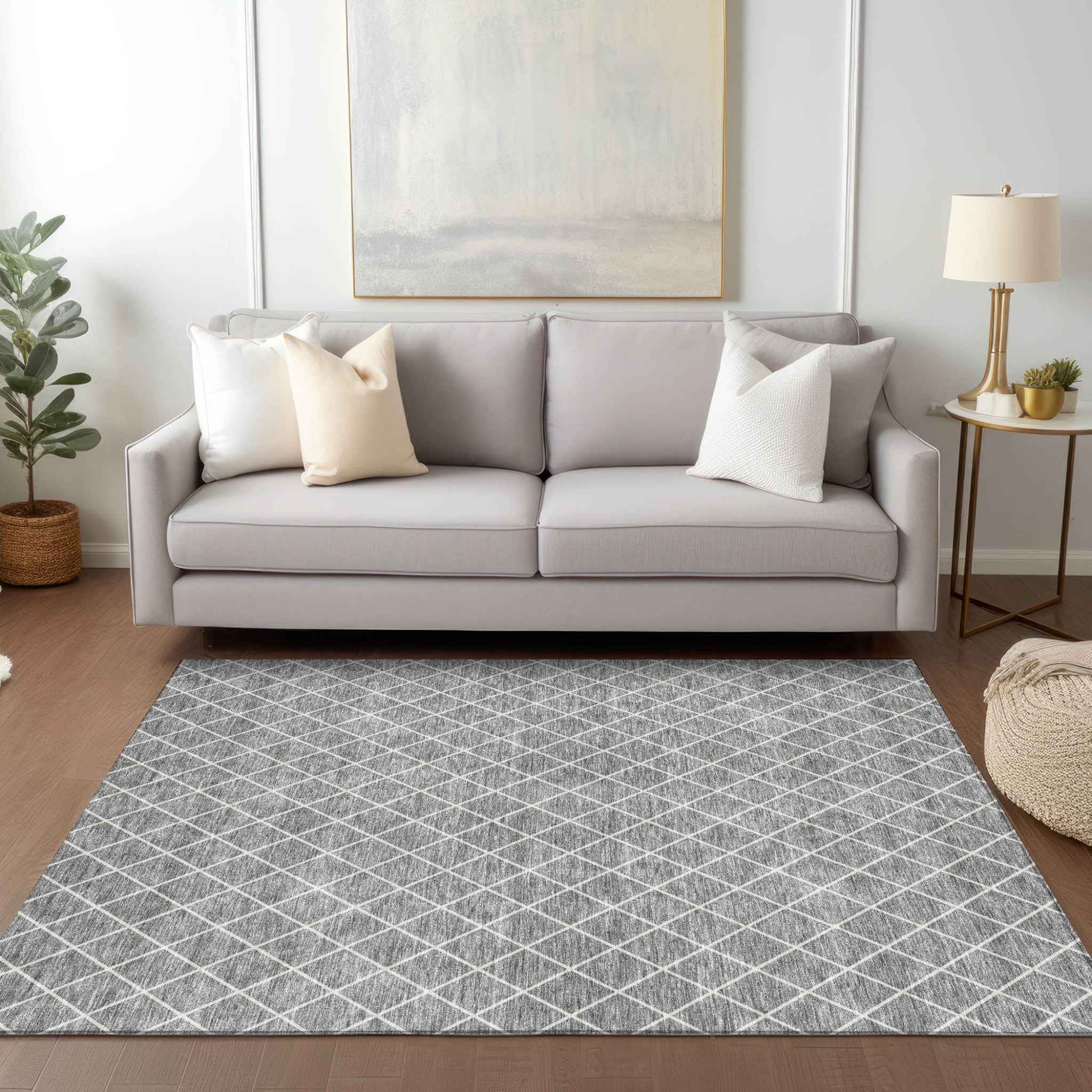 10' X 14' Gray And Ivory Geometric Washable Indoor Outdoor Area Rug