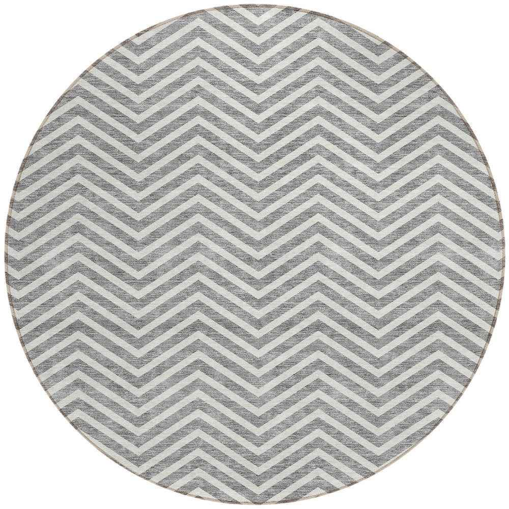 8' Gray And Ivory Round Chevron Washable Indoor Outdoor Area Rug