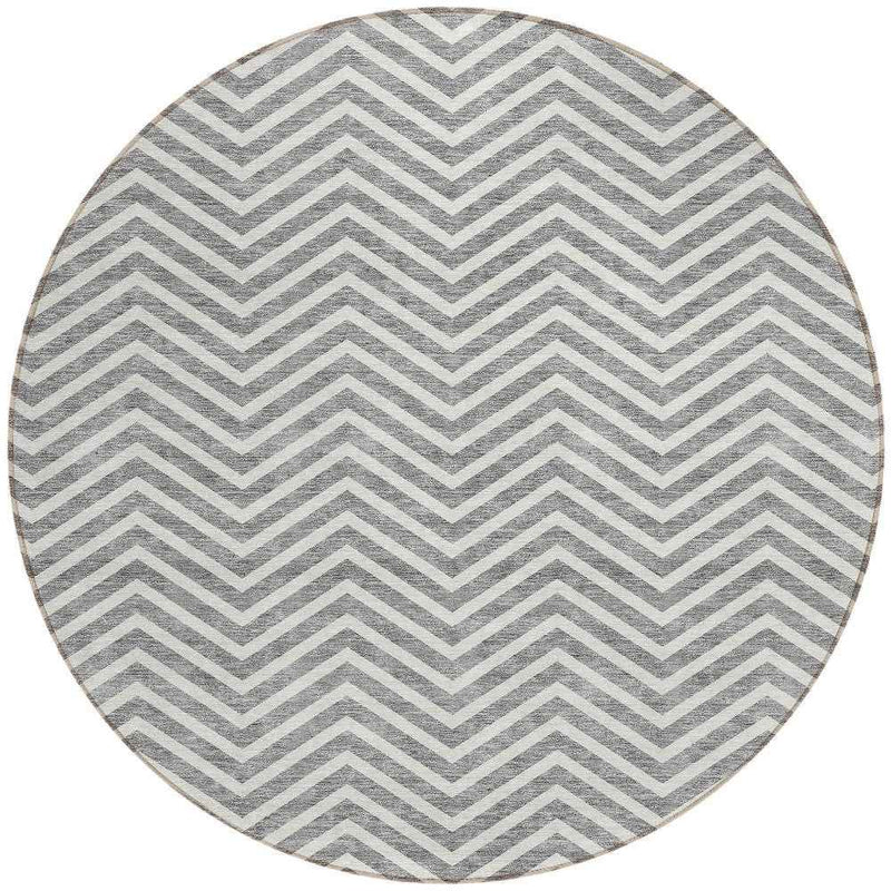 8' Gray And Ivory Round Chevron Washable Indoor Outdoor Area Rug