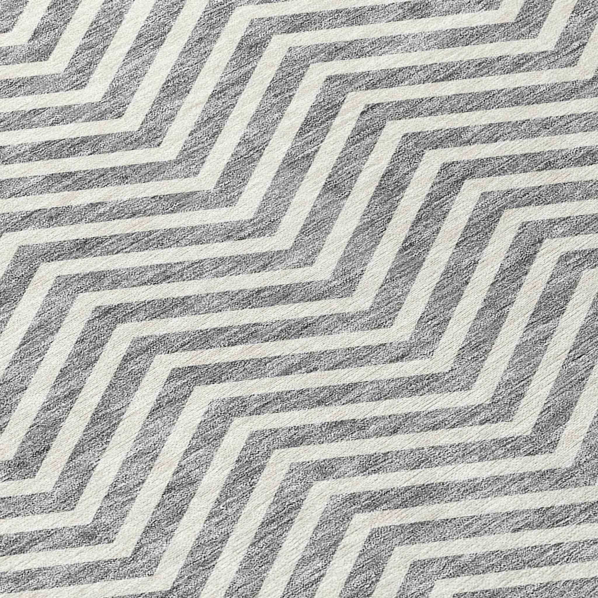 8' Gray And Ivory Round Chevron Washable Indoor Outdoor Area Rug