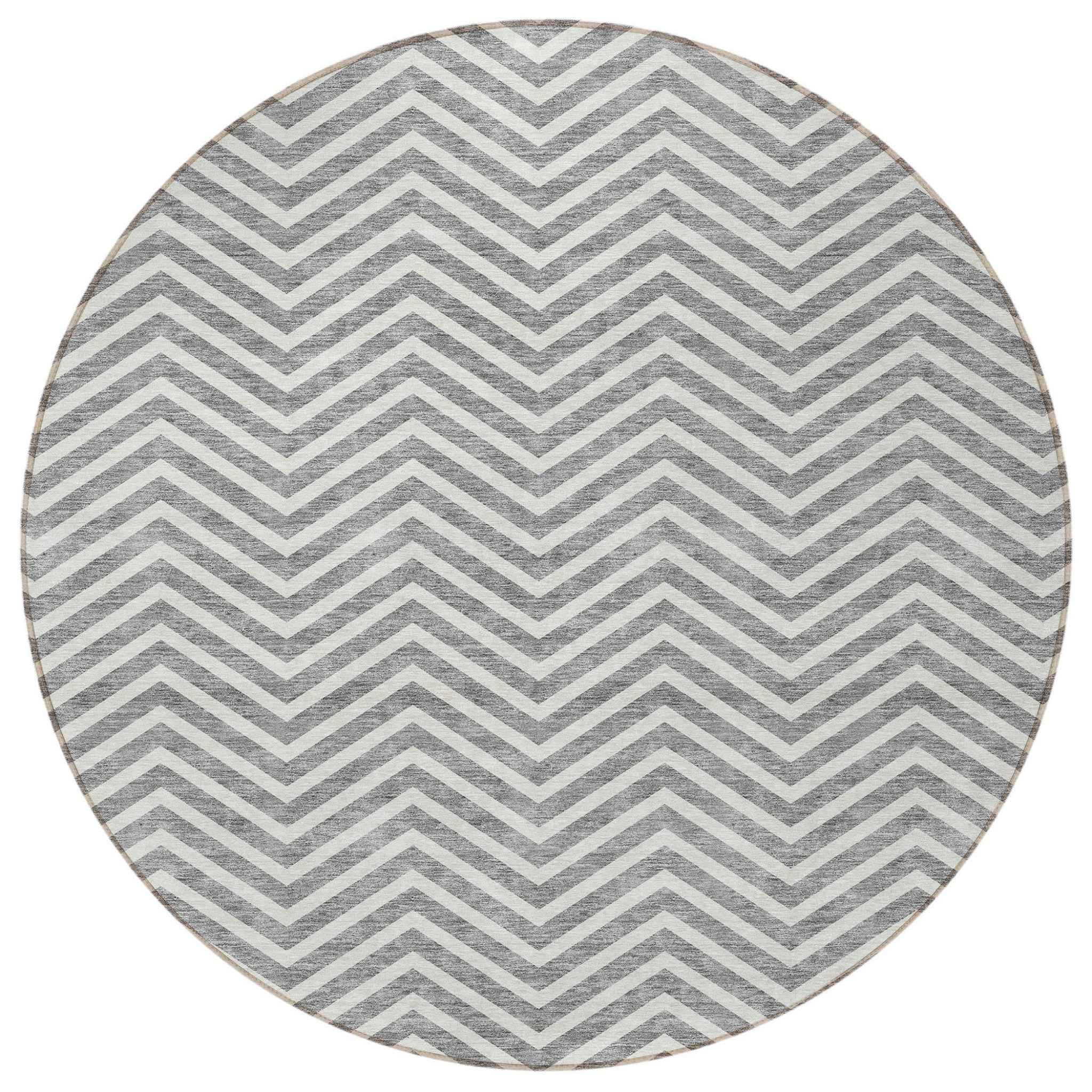 8' Gray And Ivory Round Chevron Washable Indoor Outdoor Area Rug