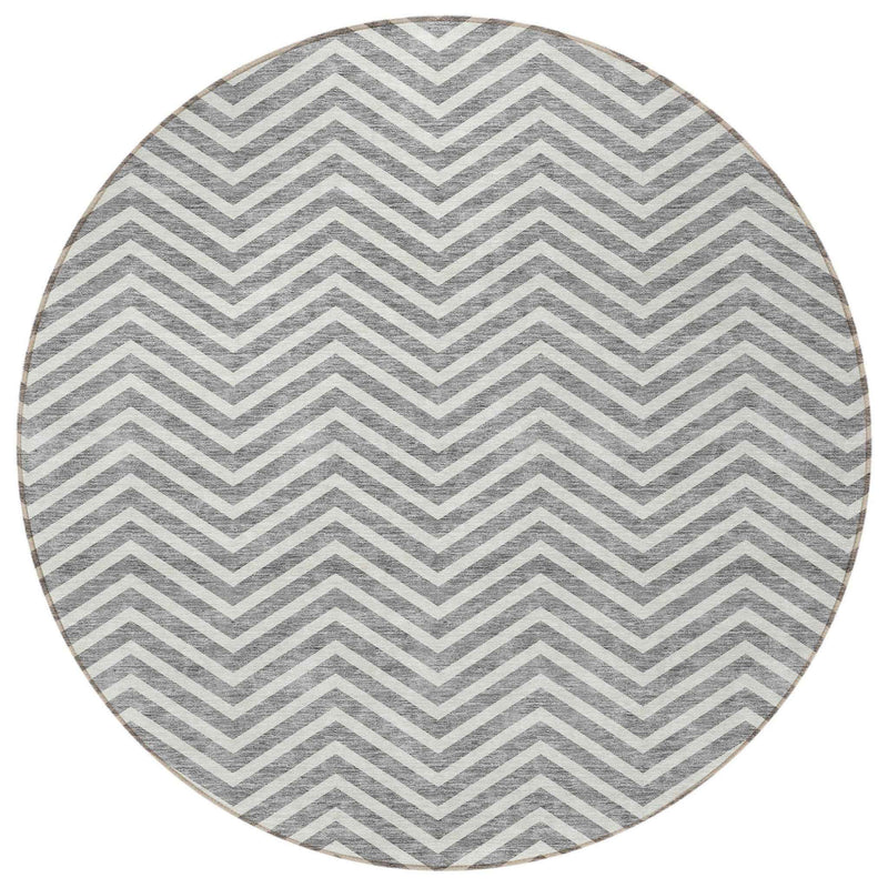 8' Gray And Ivory Round Chevron Washable Indoor Outdoor Area Rug