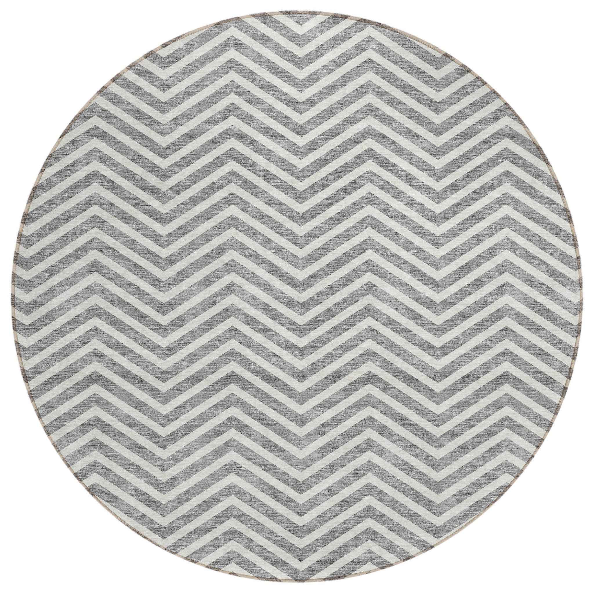8' Gray And Ivory Round Chevron Washable Indoor Outdoor Area Rug