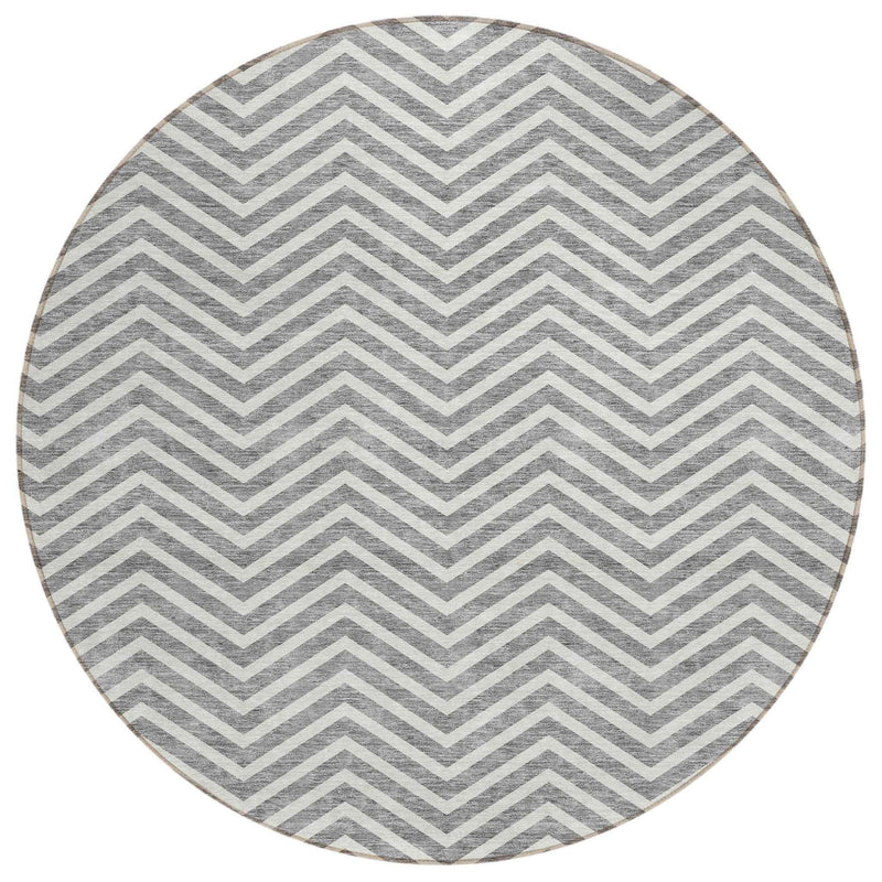 8' Gray And Ivory Round Chevron Washable Indoor Outdoor Area Rug