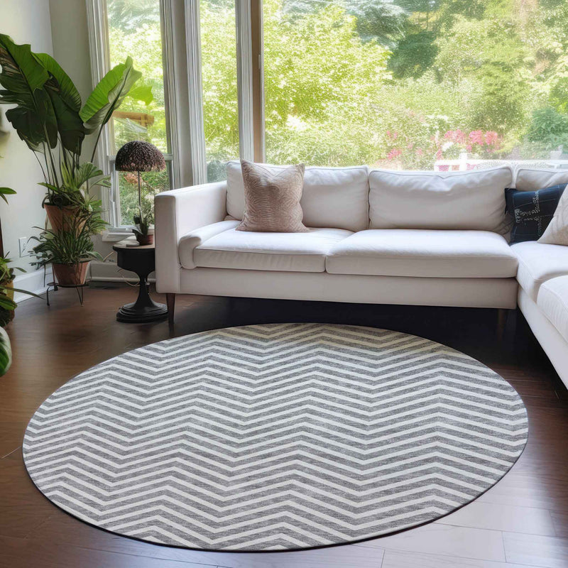 8' Gray And Ivory Round Chevron Washable Indoor Outdoor Area Rug