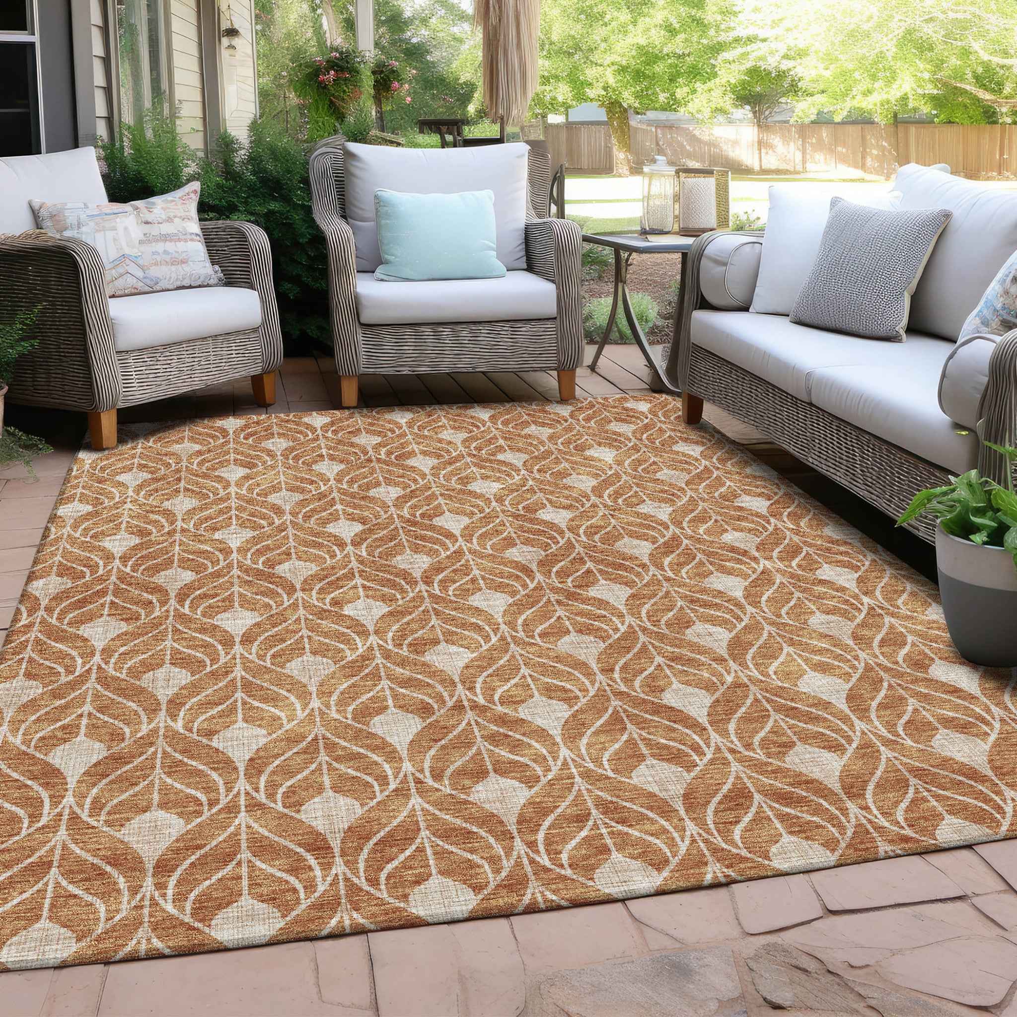 3' X 5' Copper And Beige Geometric Washable Indoor Outdoor Area Rug