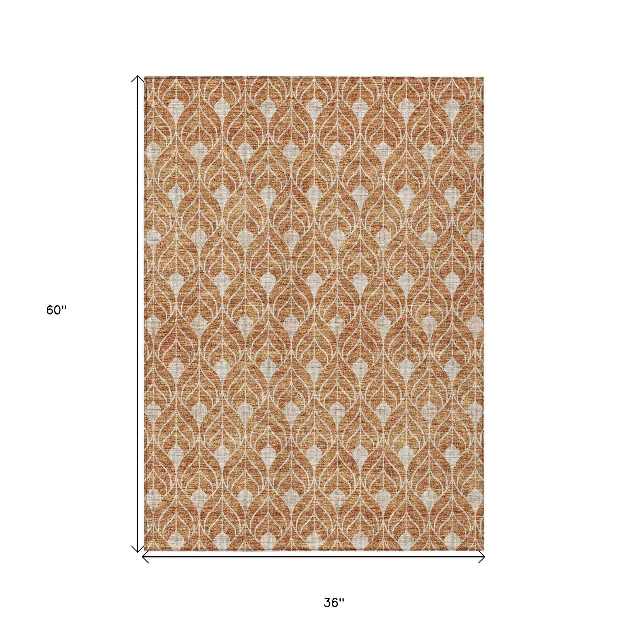 3' X 5' Copper And Beige Geometric Washable Indoor Outdoor Area Rug