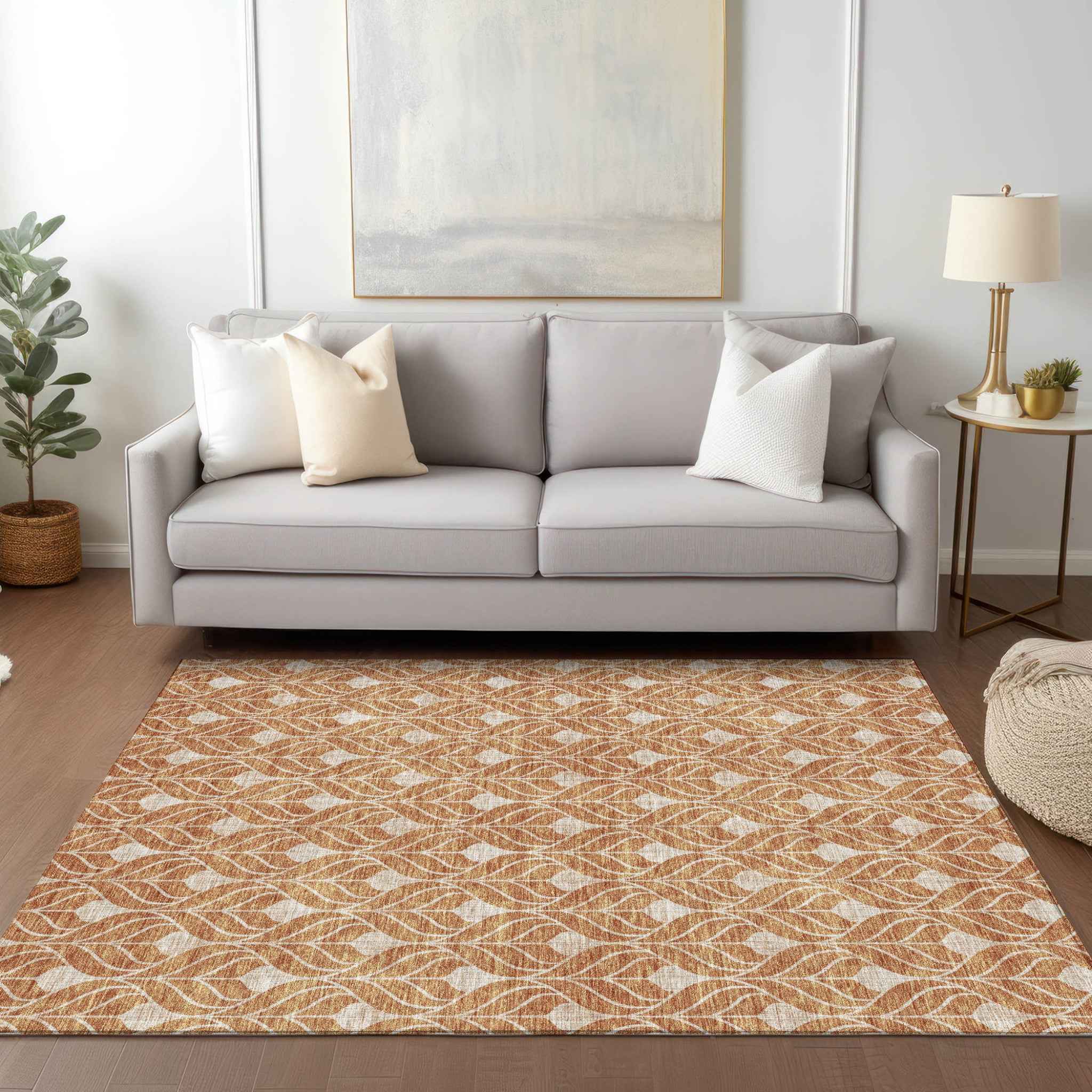 3' X 5' Copper And Beige Geometric Washable Indoor Outdoor Area Rug