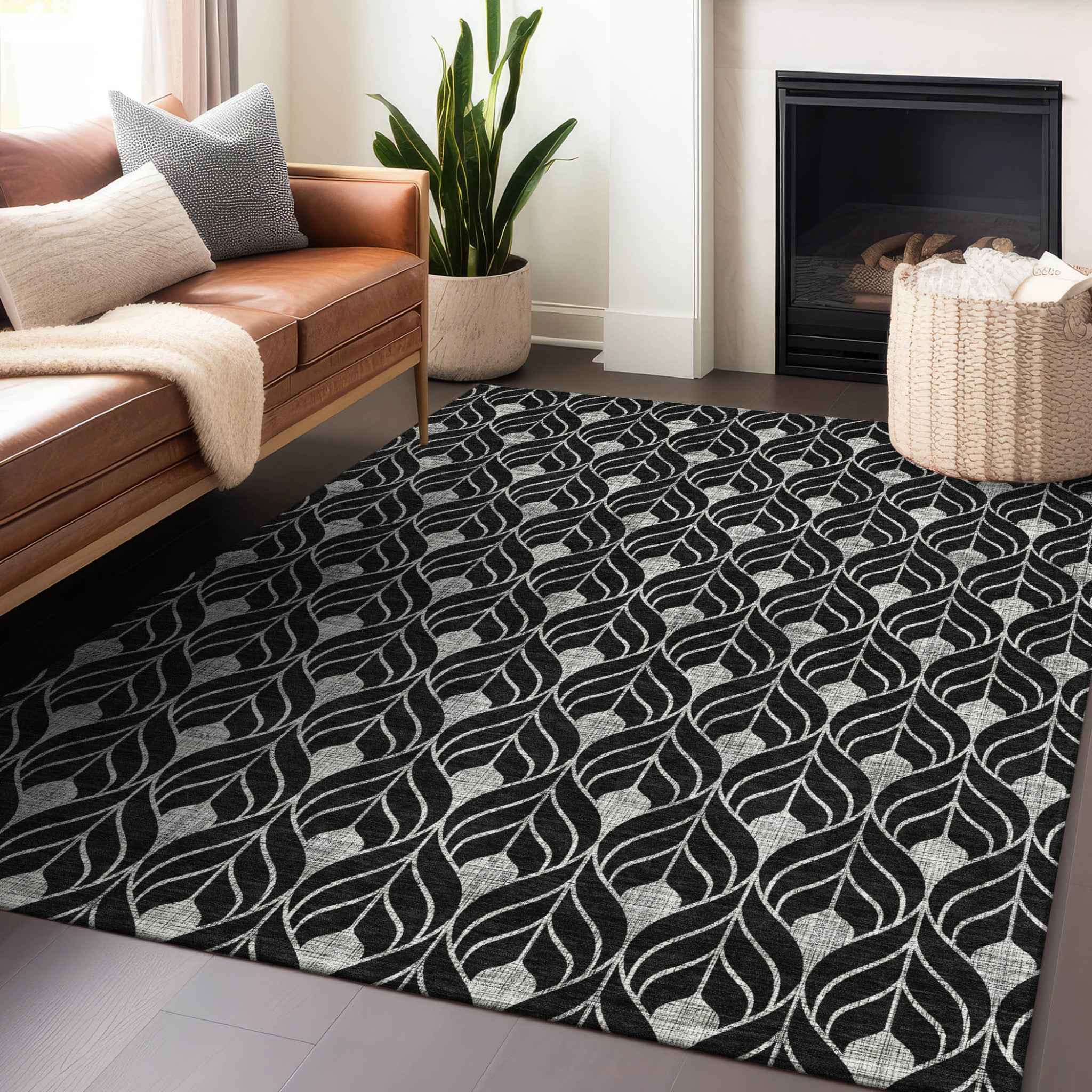 5' X 8' Black And Ivory Geometric Washable Indoor Outdoor Area Rug