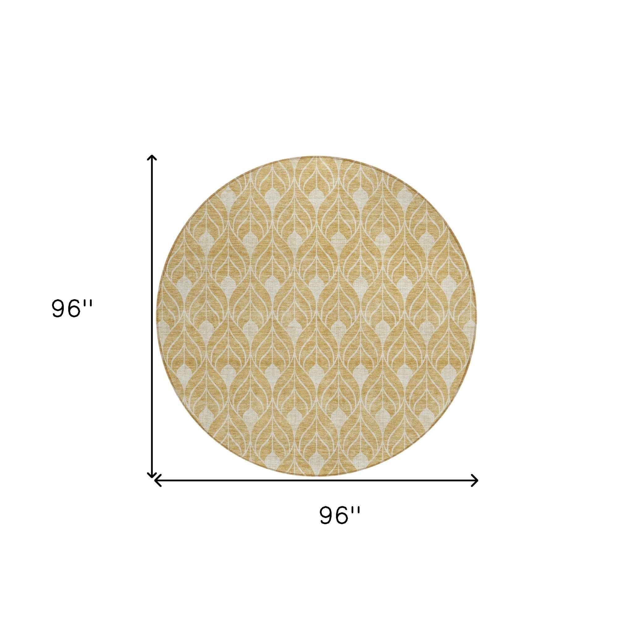 8' Gold And Ivory Round Geometric Washable Indoor Outdoor Area Rug