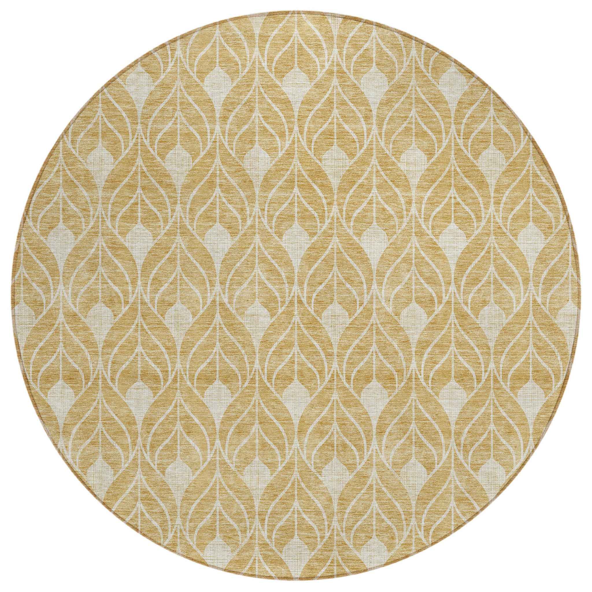 8' Gold And Ivory Round Geometric Washable Indoor Outdoor Area Rug