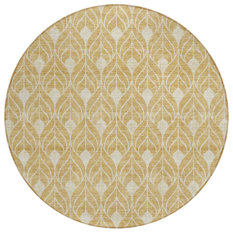 8' Gold And Ivory Round Geometric Washable Indoor Outdoor Area Rug