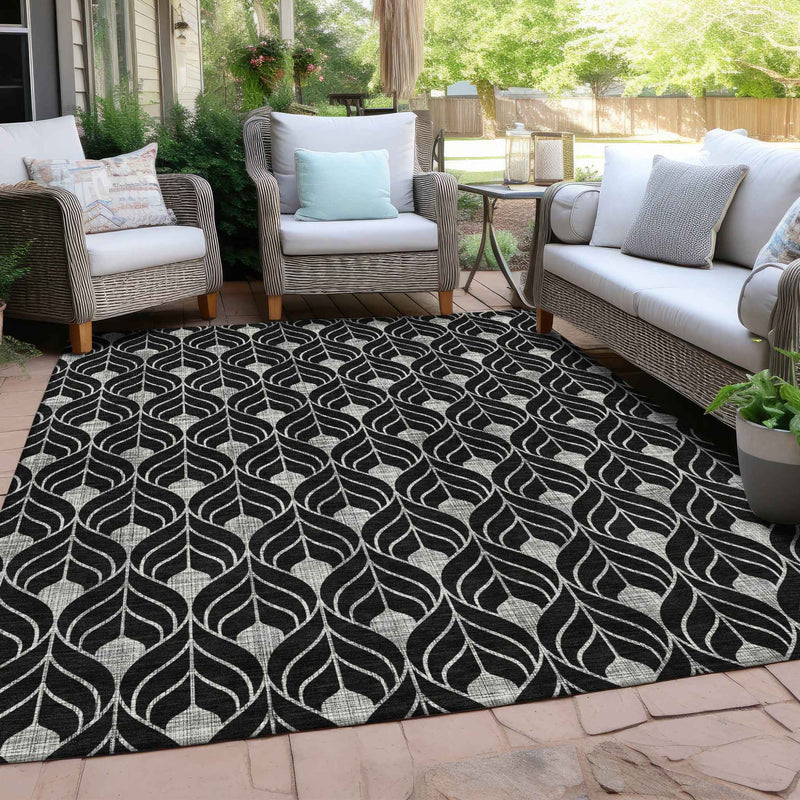 5' X 8' Black And Ivory Geometric Washable Indoor Outdoor Area Rug
