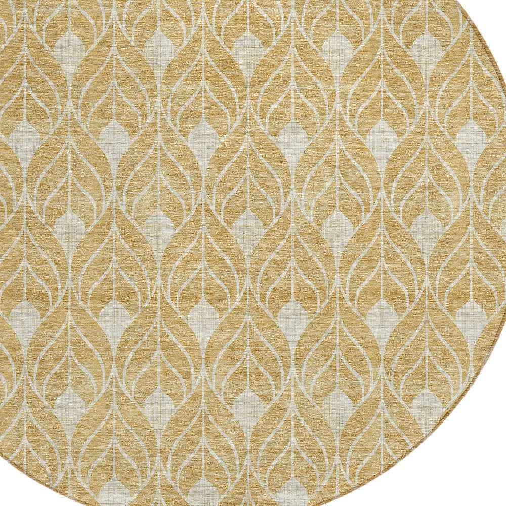 8' Gold And Ivory Round Geometric Washable Indoor Outdoor Area Rug