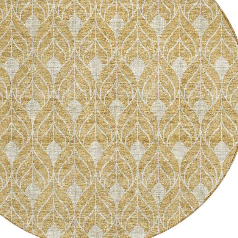 8' Gold And Ivory Round Geometric Washable Indoor Outdoor Area Rug
