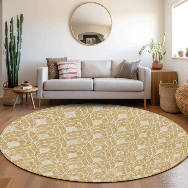 8' Gold And Ivory Round Geometric Washable Indoor Outdoor Area Rug