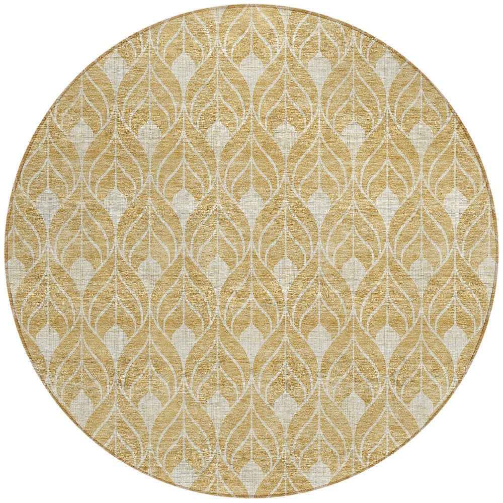 8' Gold And Ivory Round Geometric Washable Indoor Outdoor Area Rug