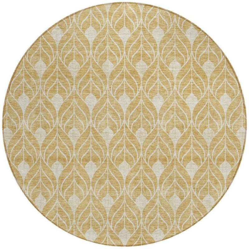8' Gold And Ivory Round Geometric Washable Indoor Outdoor Area Rug