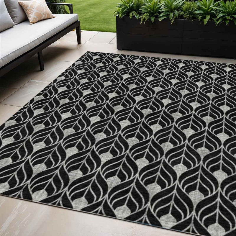 5' X 8' Black And Ivory Geometric Washable Indoor Outdoor Area Rug