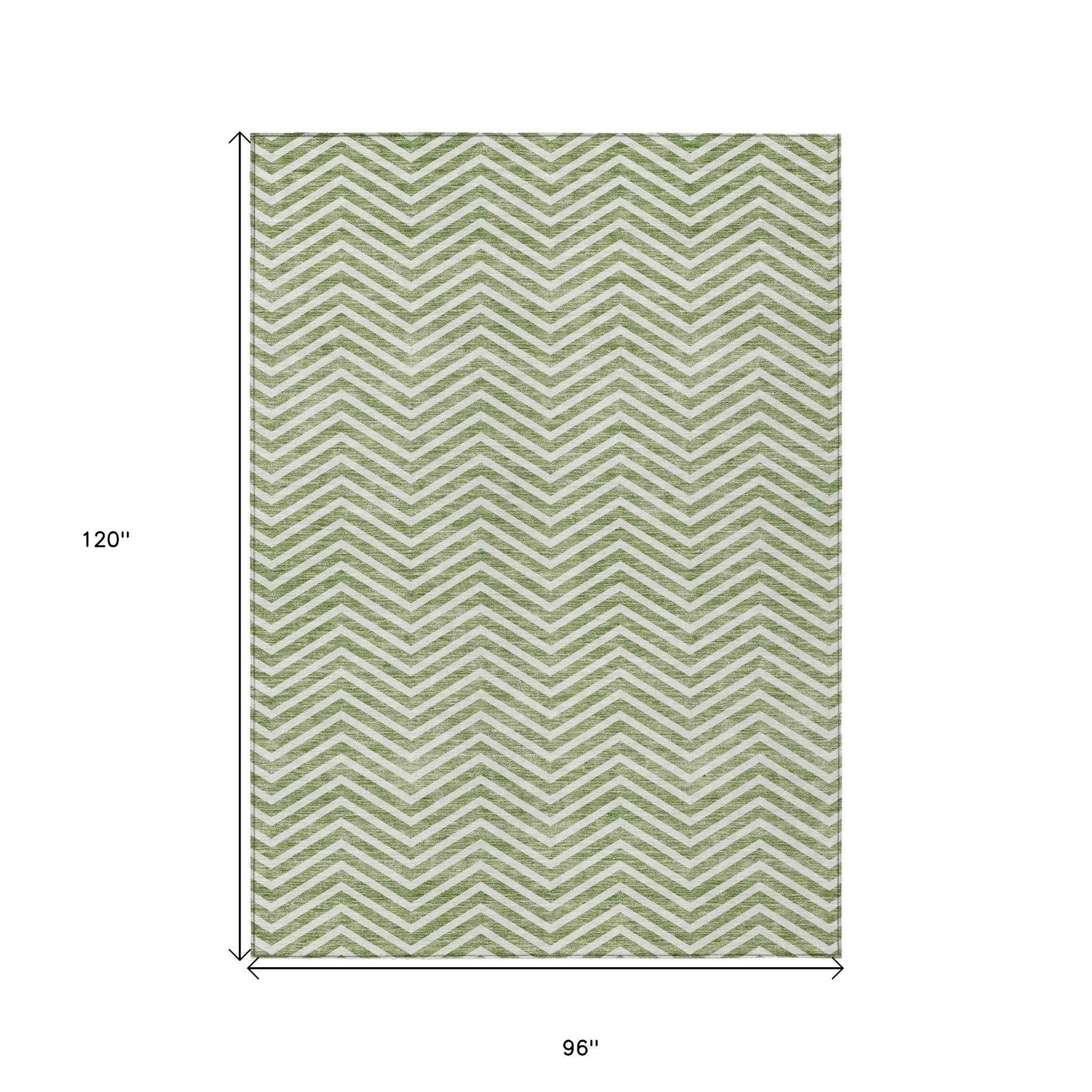 8' X 10' Green And Ivory Chevron Washable Indoor Outdoor Area Rug