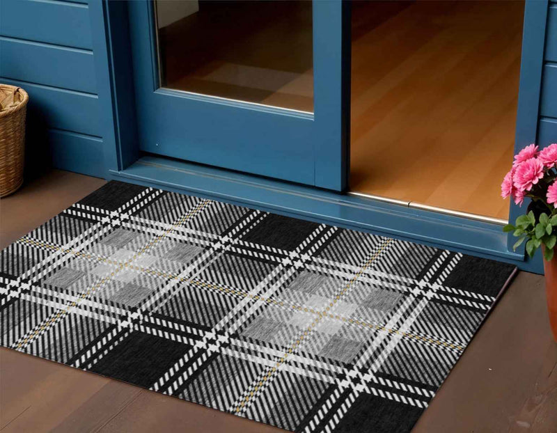 3' X 5' Black Gold And Gray Plaid Washable Indoor Outdoor Area Rug