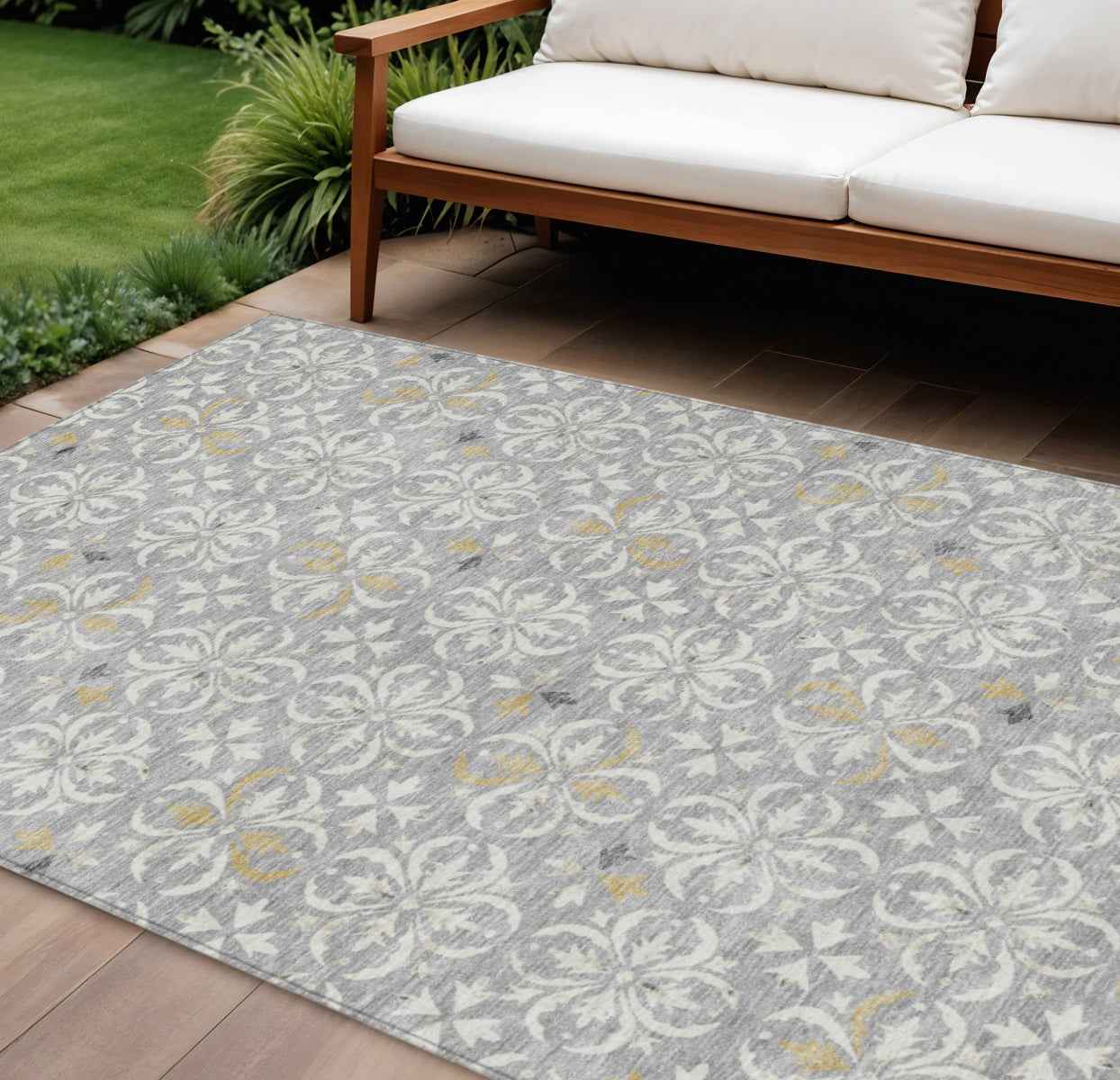 9' X 12' Gray Ivory And Brown Floral Washable Indoor Outdoor Area Rug