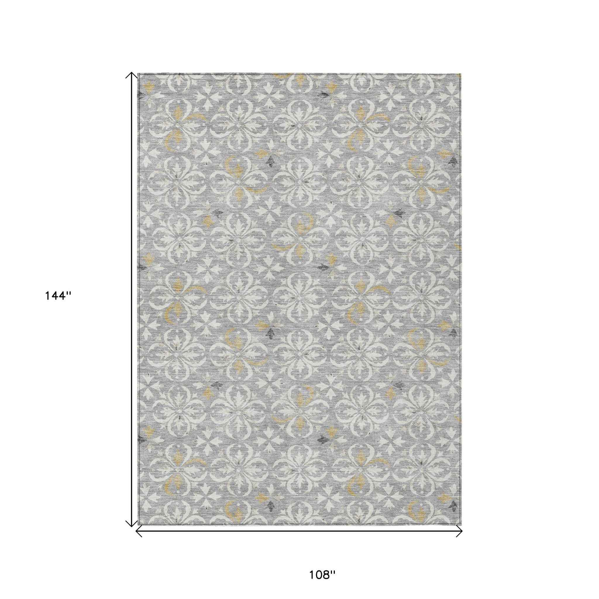 9' X 12' Gray Ivory And Brown Floral Washable Indoor Outdoor Area Rug